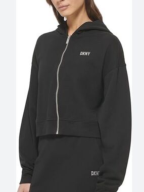 DKNY Women's Metallic Logo Full Zip Long Sleeve Hoodie Sweatshirt Black